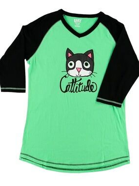 Cattitude Mint Green & Black 100% Cotton V-Neck Pajama Top- NWT